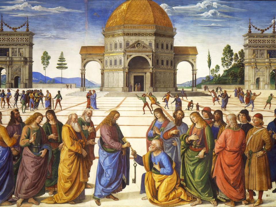 Christus übergibt Petrus den Schlüssel, ein Symbol der Macht (Fresko von Pietro Perugino, Sixtinische Kapelle)