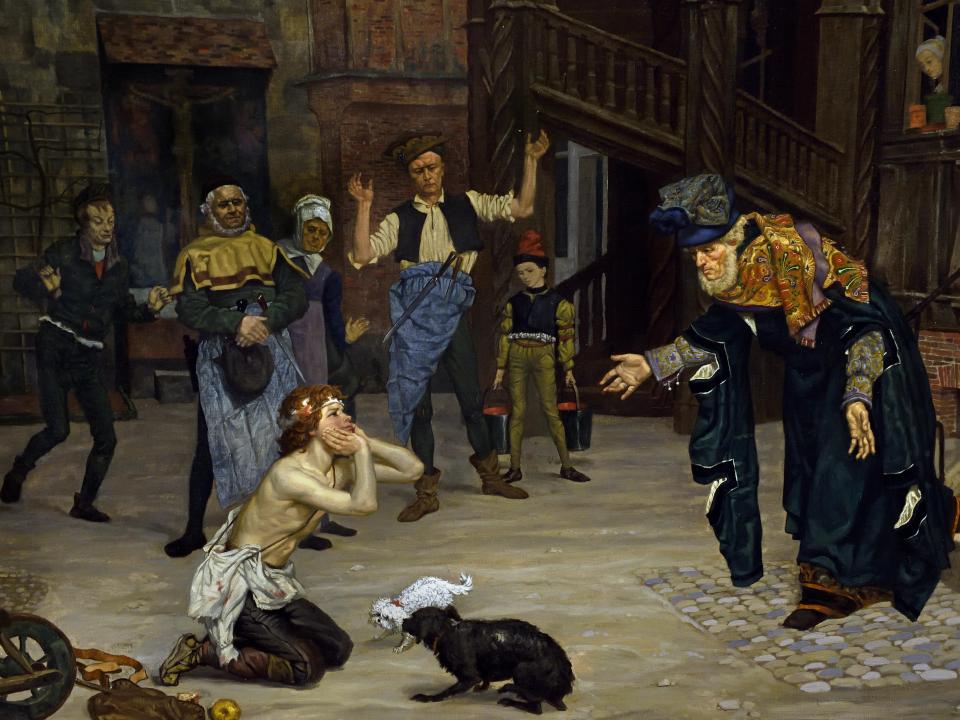 Jubelnde – oder fassungslose – Zuschauer? Der barmherzige Vater stürzt seinem Sohn entgegen, um ihn aufzunehmen, gemalt von James Tissot, 1863.