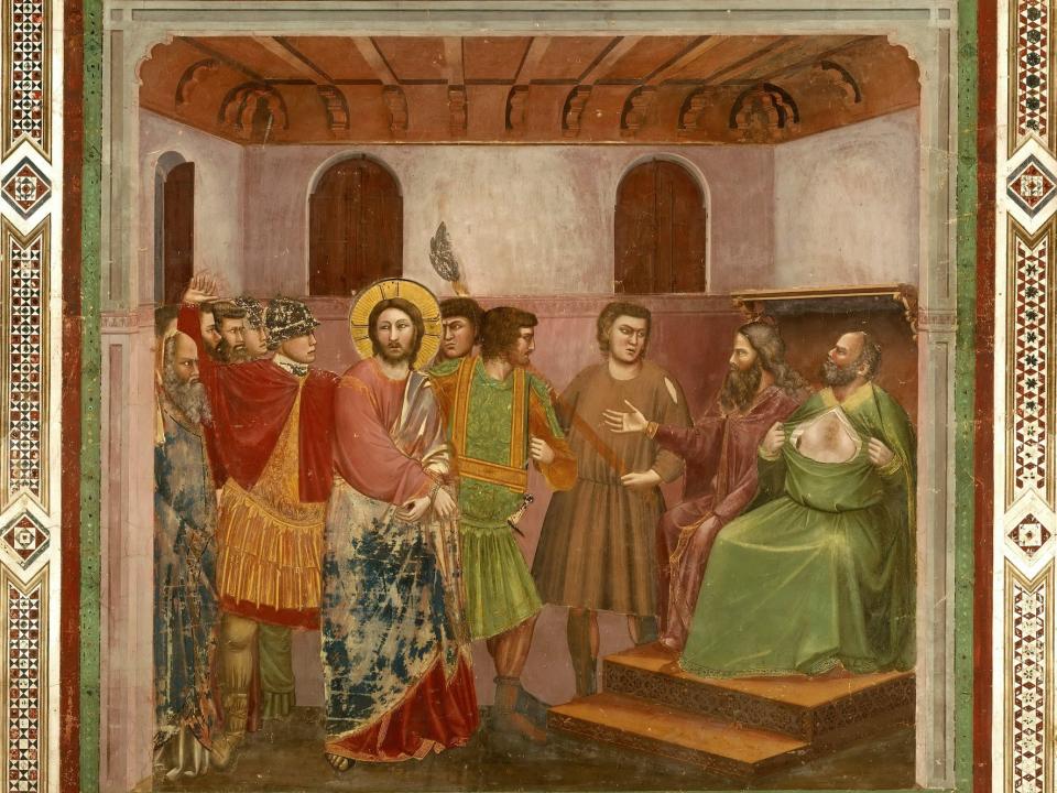 In der Cappella Scrovegni in Padua hat Giotto die Empörung des Hohepriesters Kaiphas dargestellt.