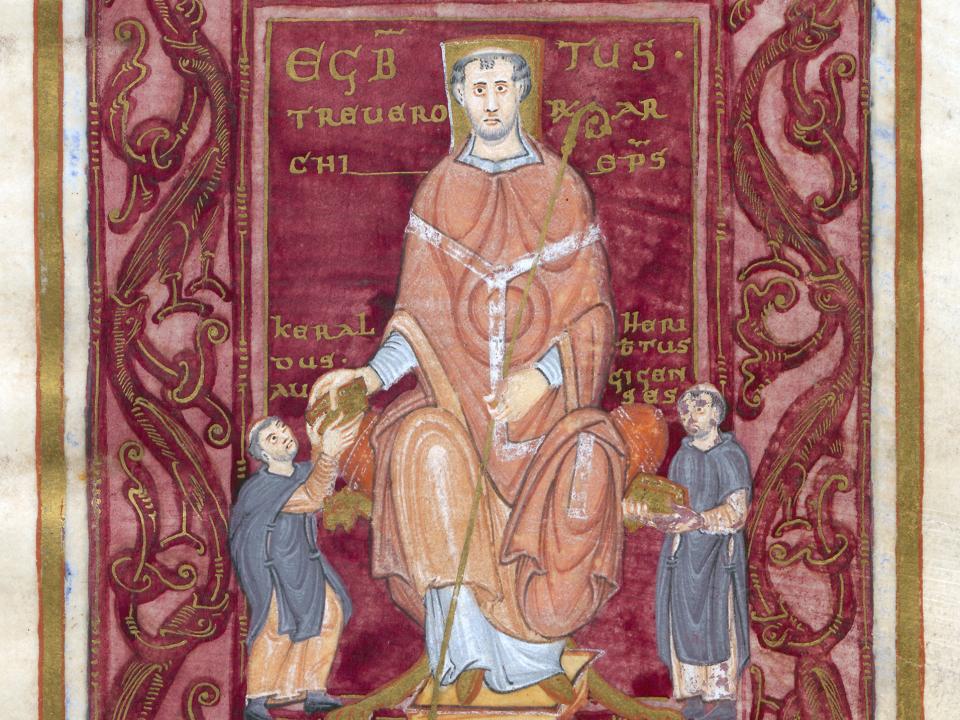 Widmungsbild des Egbert-Codex: Egbert, Erzbischof von Trier, erhält den Codex von den Reichenauer Mönchen Kerald und Heribert.