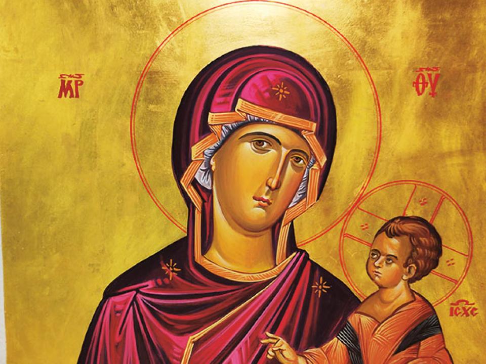 Ikone Muttergottes mit Jesus im Arm: Die Abkürzungen MP OY und IC XC bedeuten Mutter Gottes und Jesus Christus.