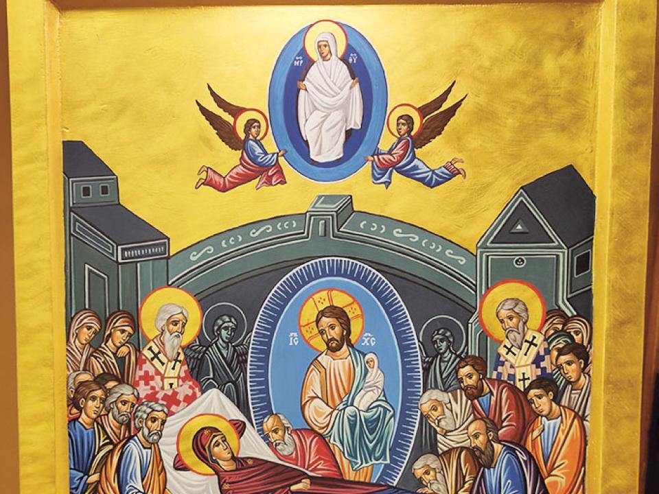 Ikone Entschlafung der Gottesmutter: Christus in der Mitte hält Marias Seele bereits in seinen Händen, darüber Aufnahme Marias in den Himmel