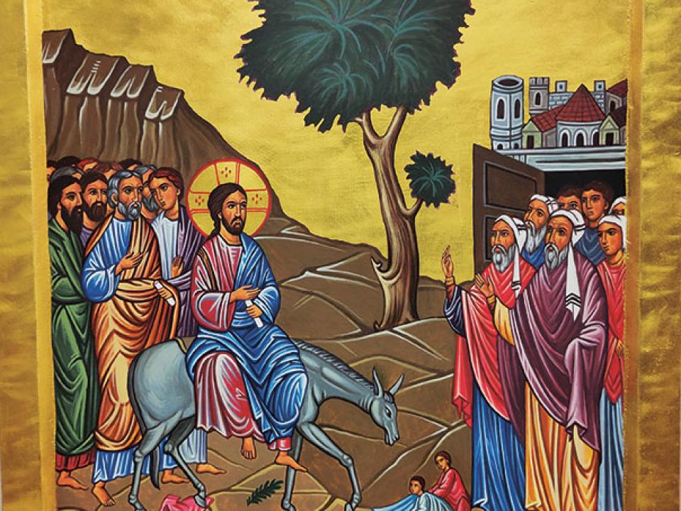 Ikone: Jesu Einzug in Jerusalem: Sein rotes Untergewand steht für seine Göttlichkeit, das blaue Oberkleid für seine Menschwerdung.