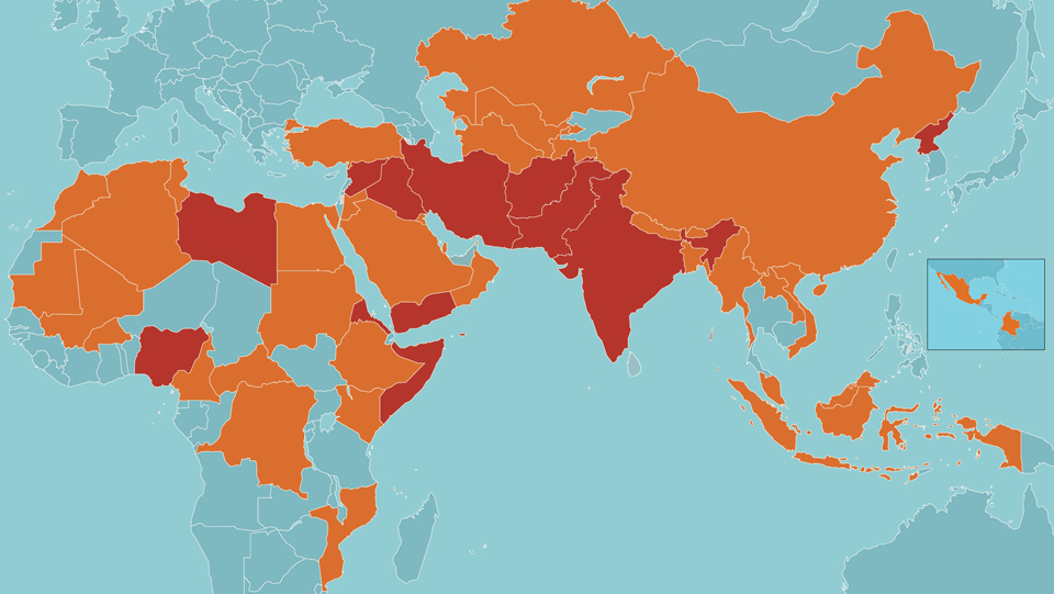 In den dunkel eingefärbten Ländern ist die Gewalt gegen - über Christen am höchsten.