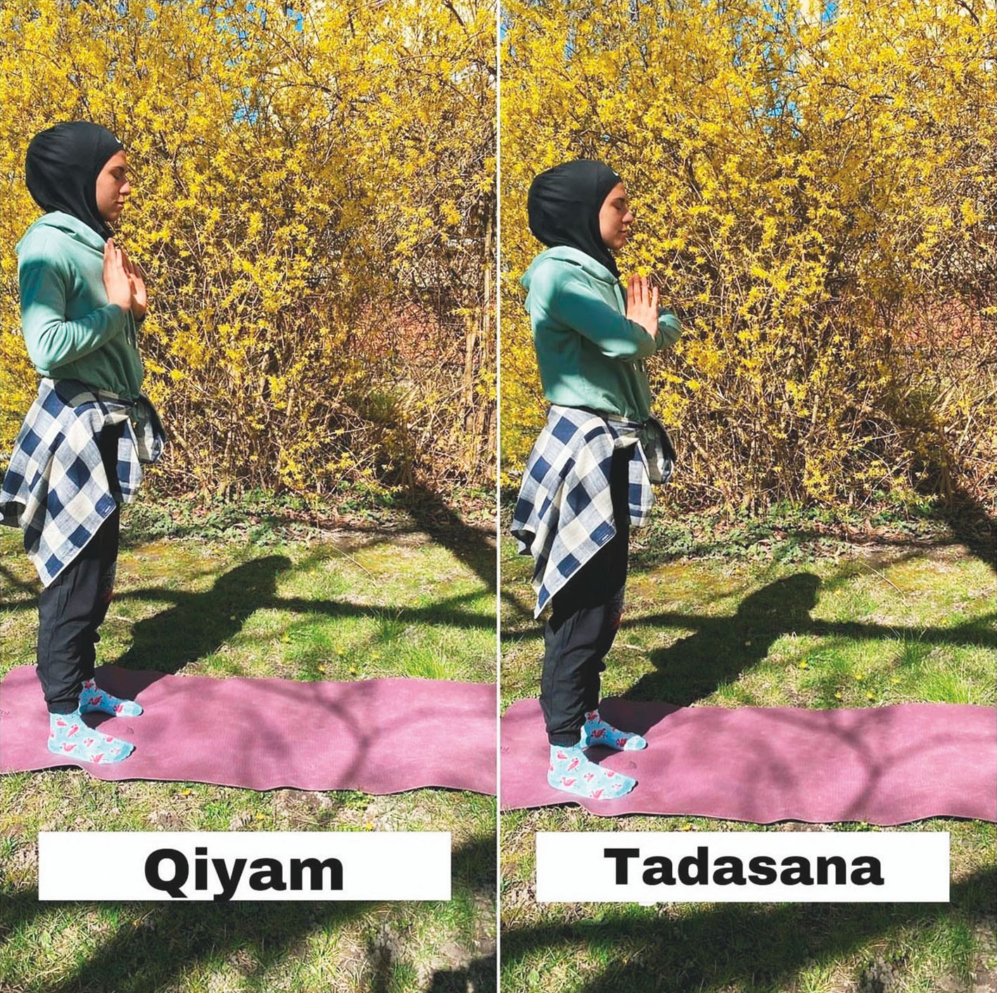 Seher Danisman zeigt links eine Gebetshaltung, rechts eine Yogaübung, die fast identisch sind