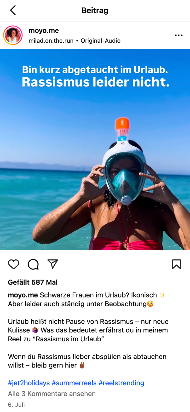 Insta-Post von Sarah Vecera zu Rassismus im Urlaub