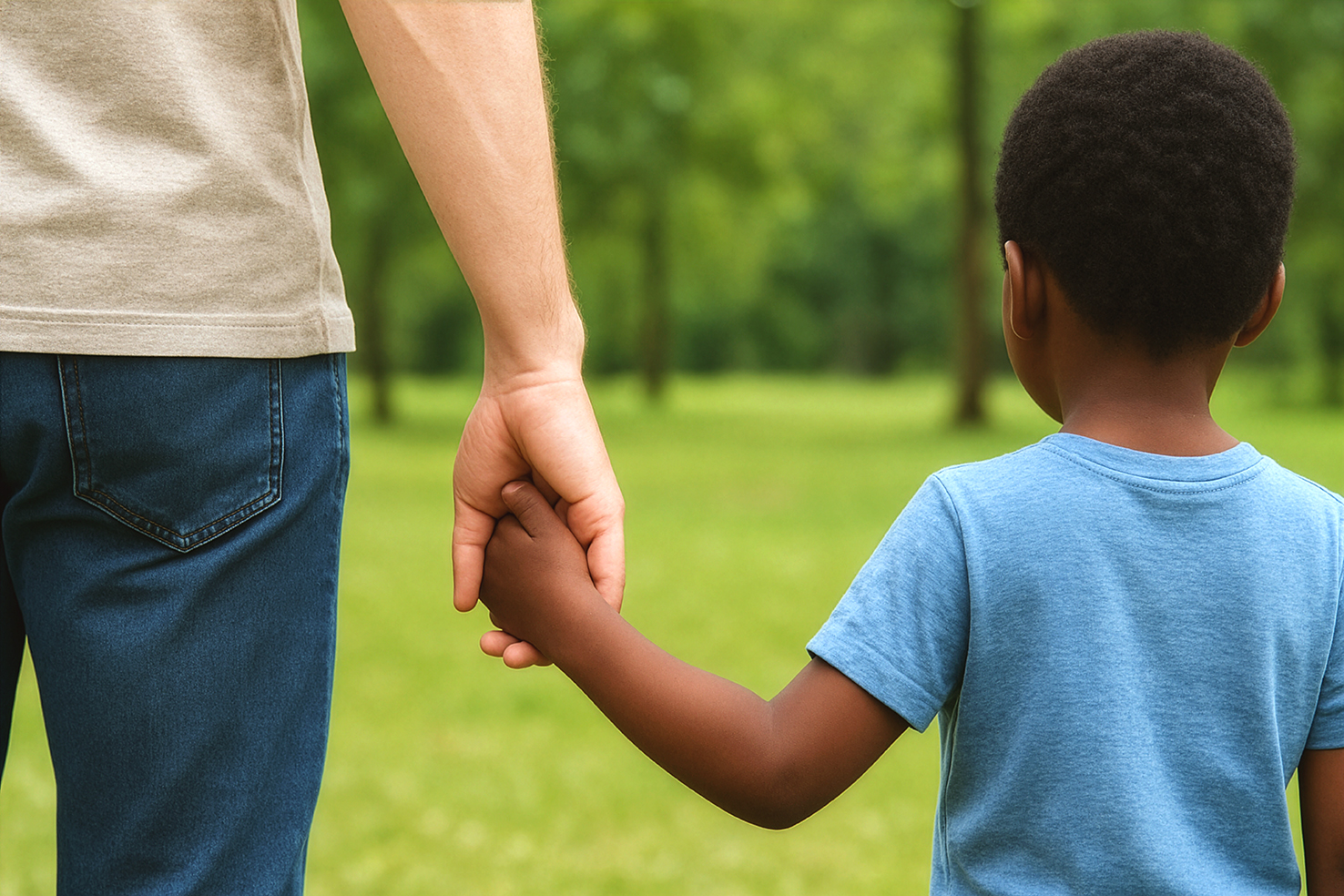 Teilansicht eines Mannes von hinten, der einen afrikanischen Jungen an der Hand hält