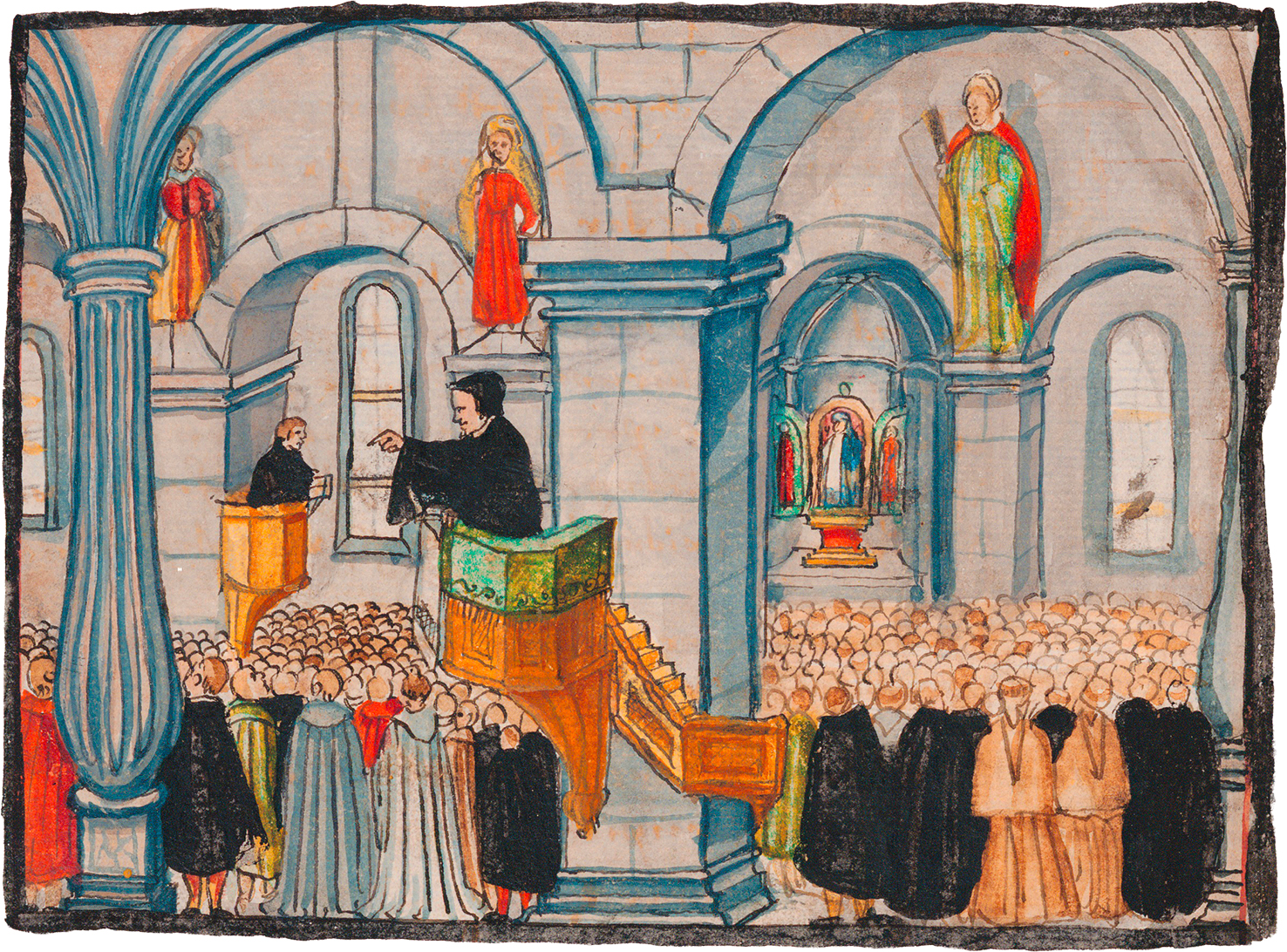 Johannes Eck und Johannes Oekolampad auf den Kanzeln während der Badener Disputation: Darstellung aus der Reformationschronik von Bullinger