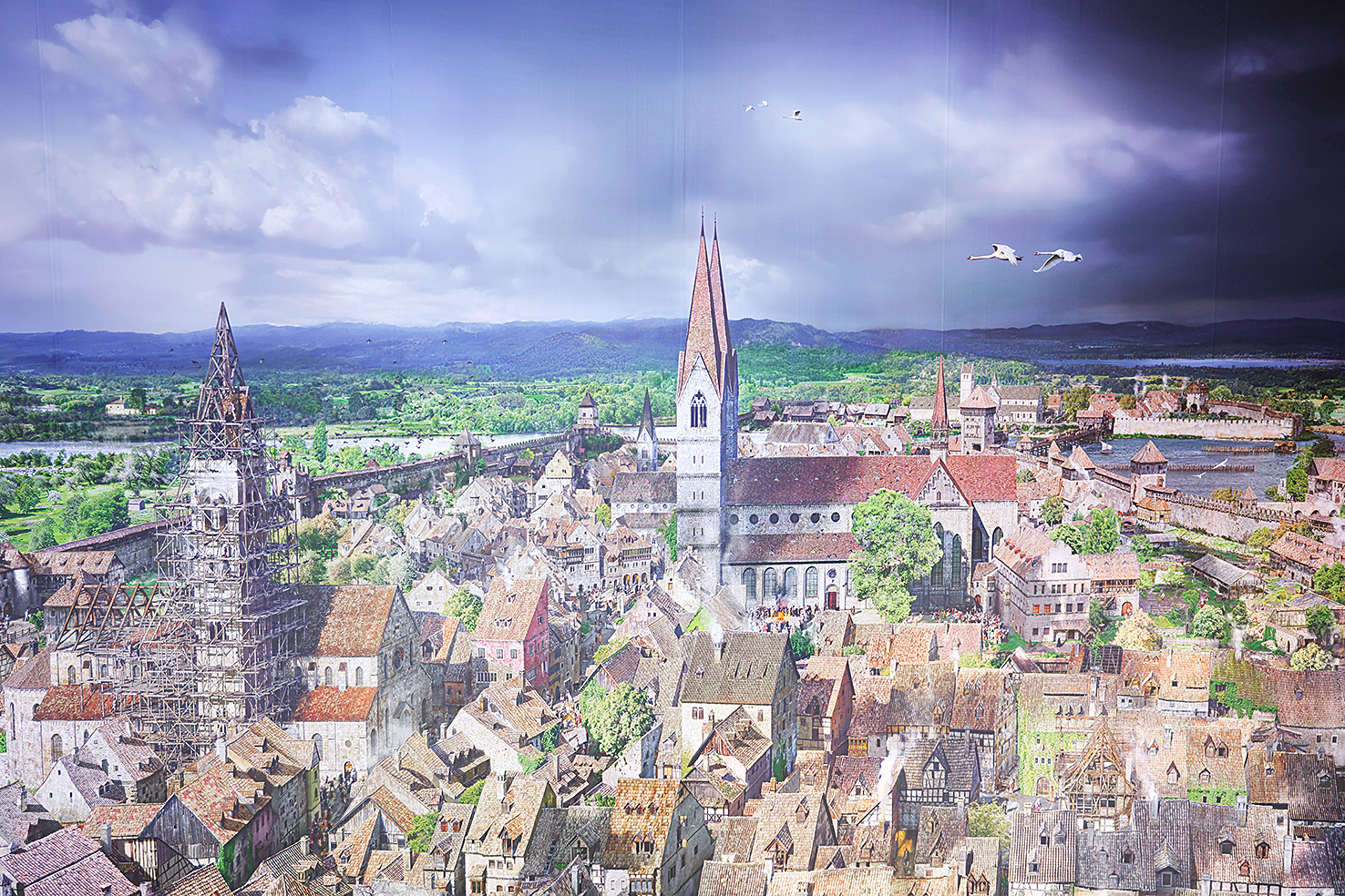 Blick auf Stefanskirche und das Münster in Konstanz während des Konstanzer Konzils