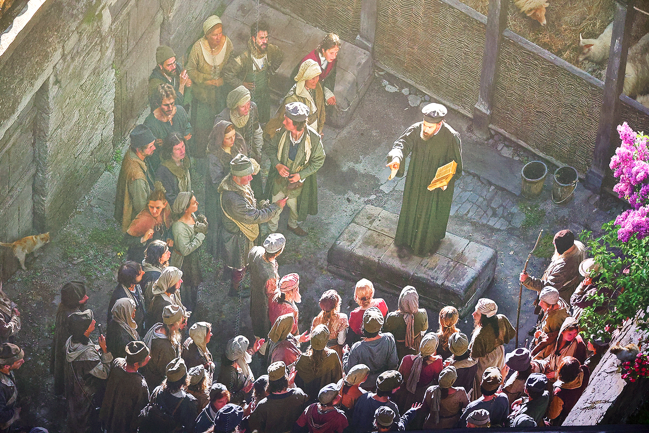 Jan Hus predigt auf der Strasse in Konstanz.