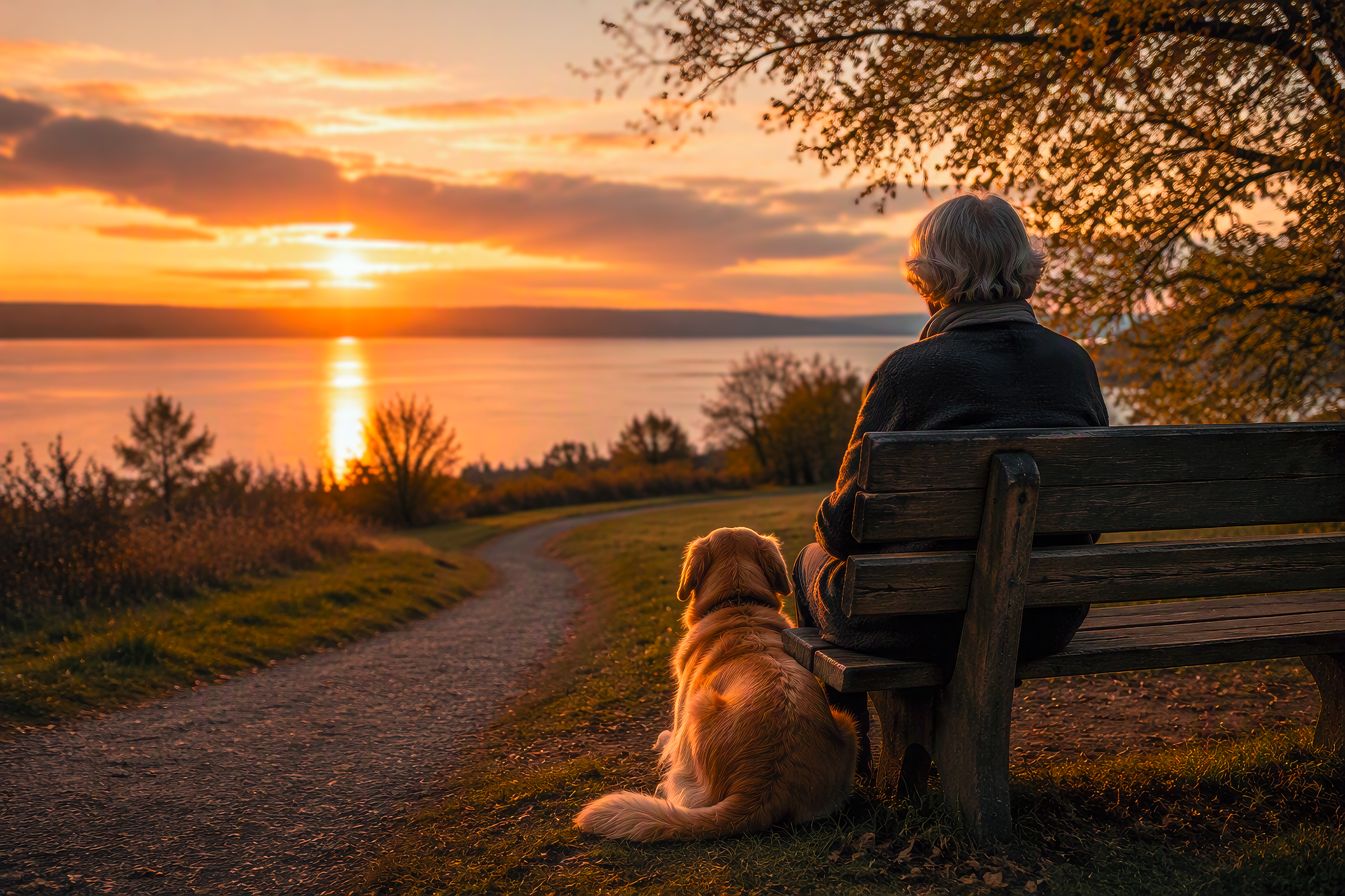 ältere Frau mit Hund auf Bank sitzend vor See im Abendrot