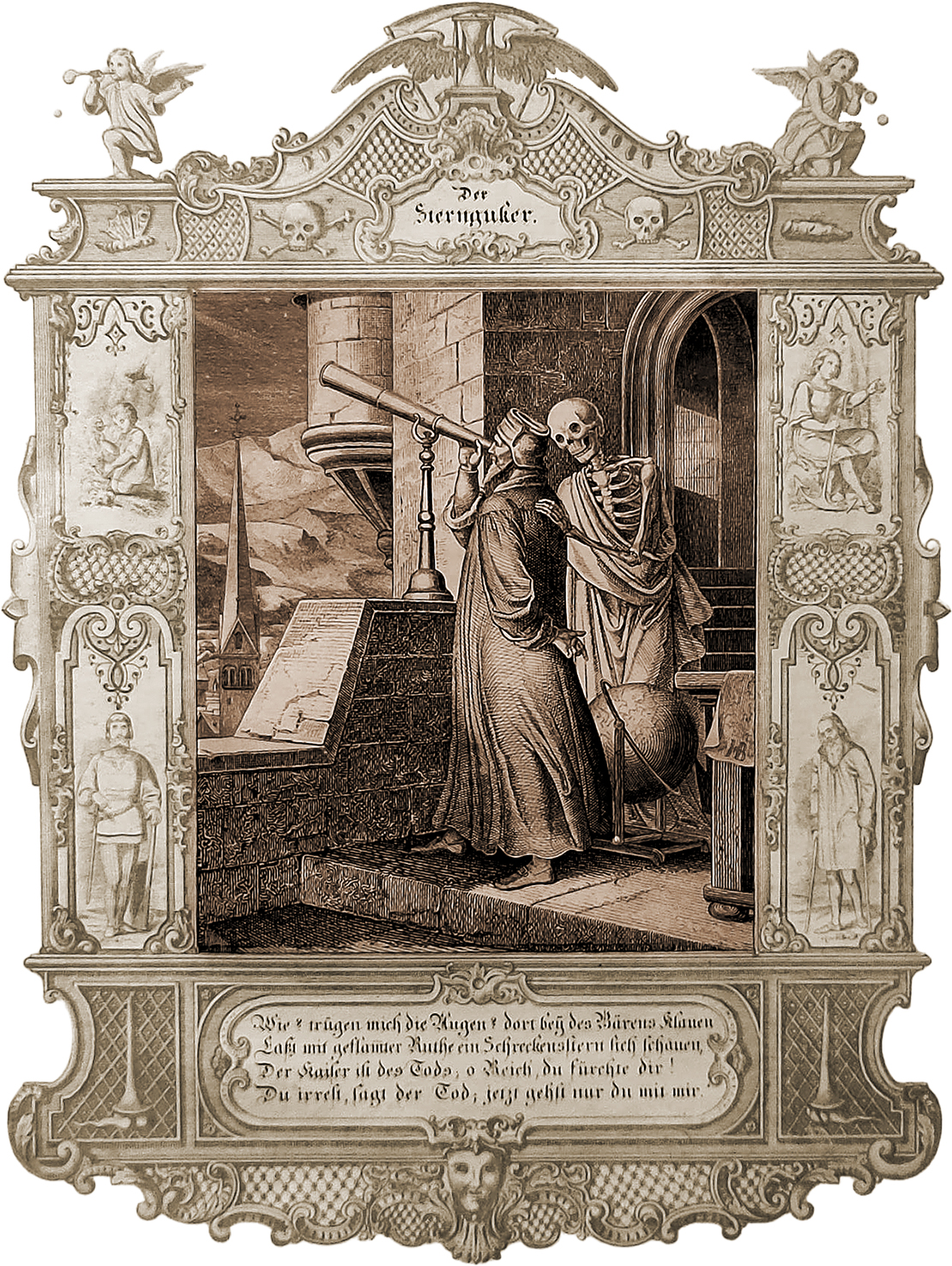 Sieht den Tod des Kaisers durchs Fernrohr, aber nicht seinen eigenen : « Der Sterngucker », Lithografie von Hans Sigmund Bendel, 1850 n. Chr.