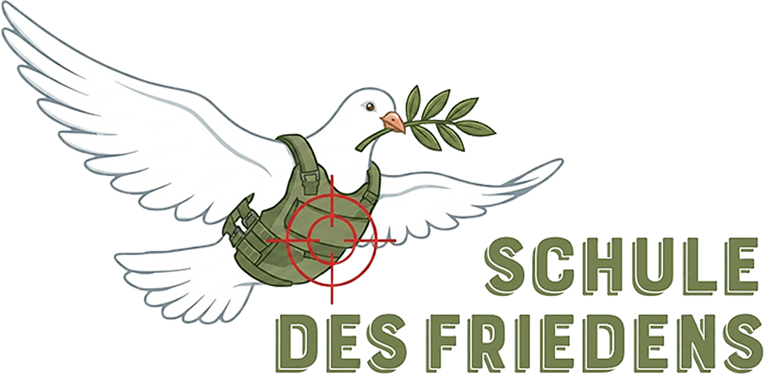 Eine weisse Taube mit einer kugelsicheren grünen Weste - Logo der Schule des Friedens